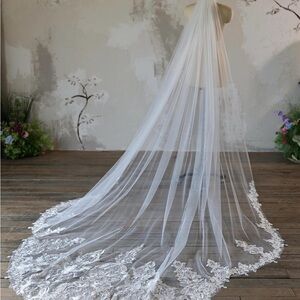 Bridal Cathedral Veil with Lace Edge - White, Royal Length